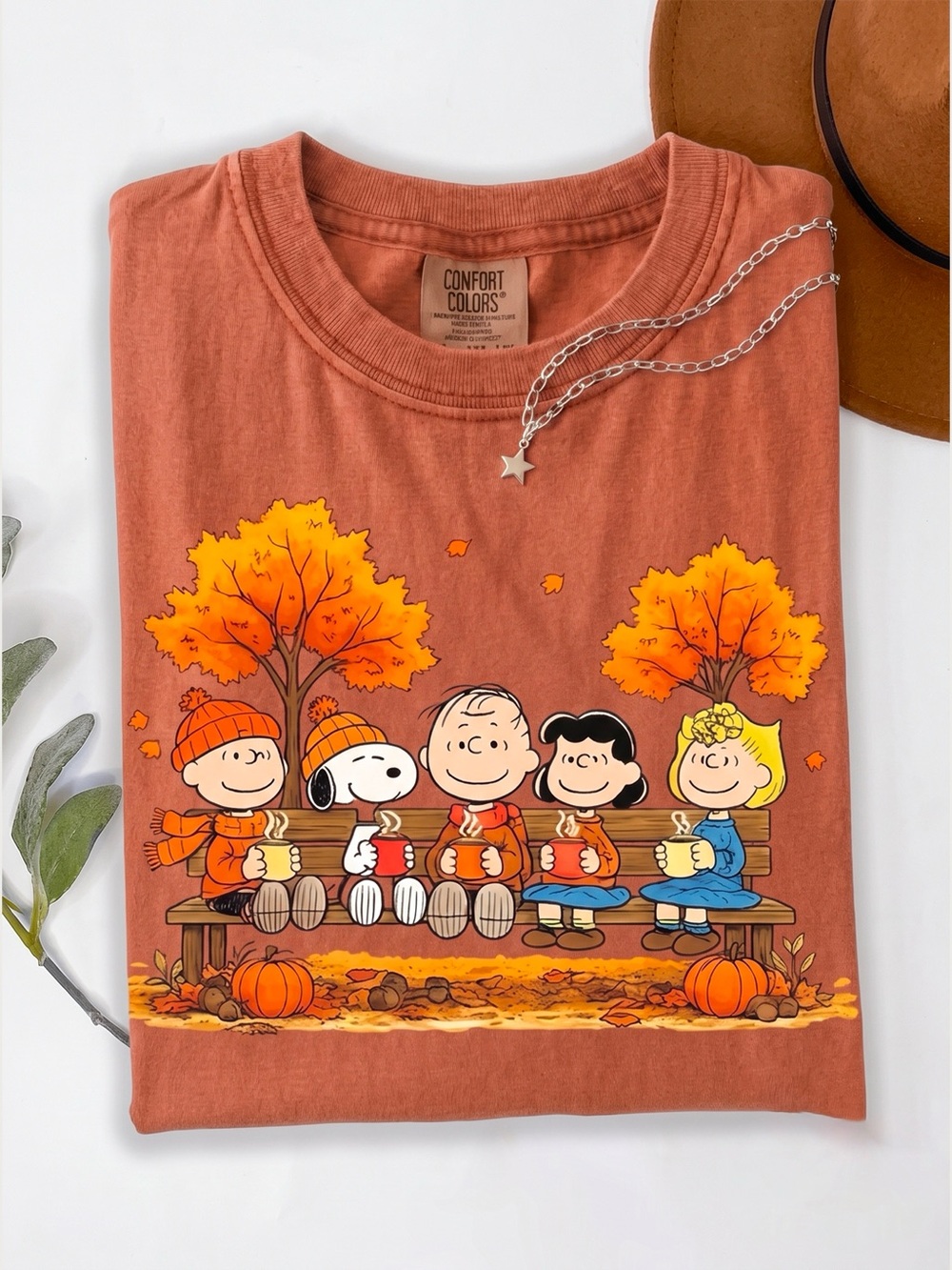 Peanuts Gang Autumn Bench Snoopy Charlie Brown Rust Comfort Colors T-Shirt